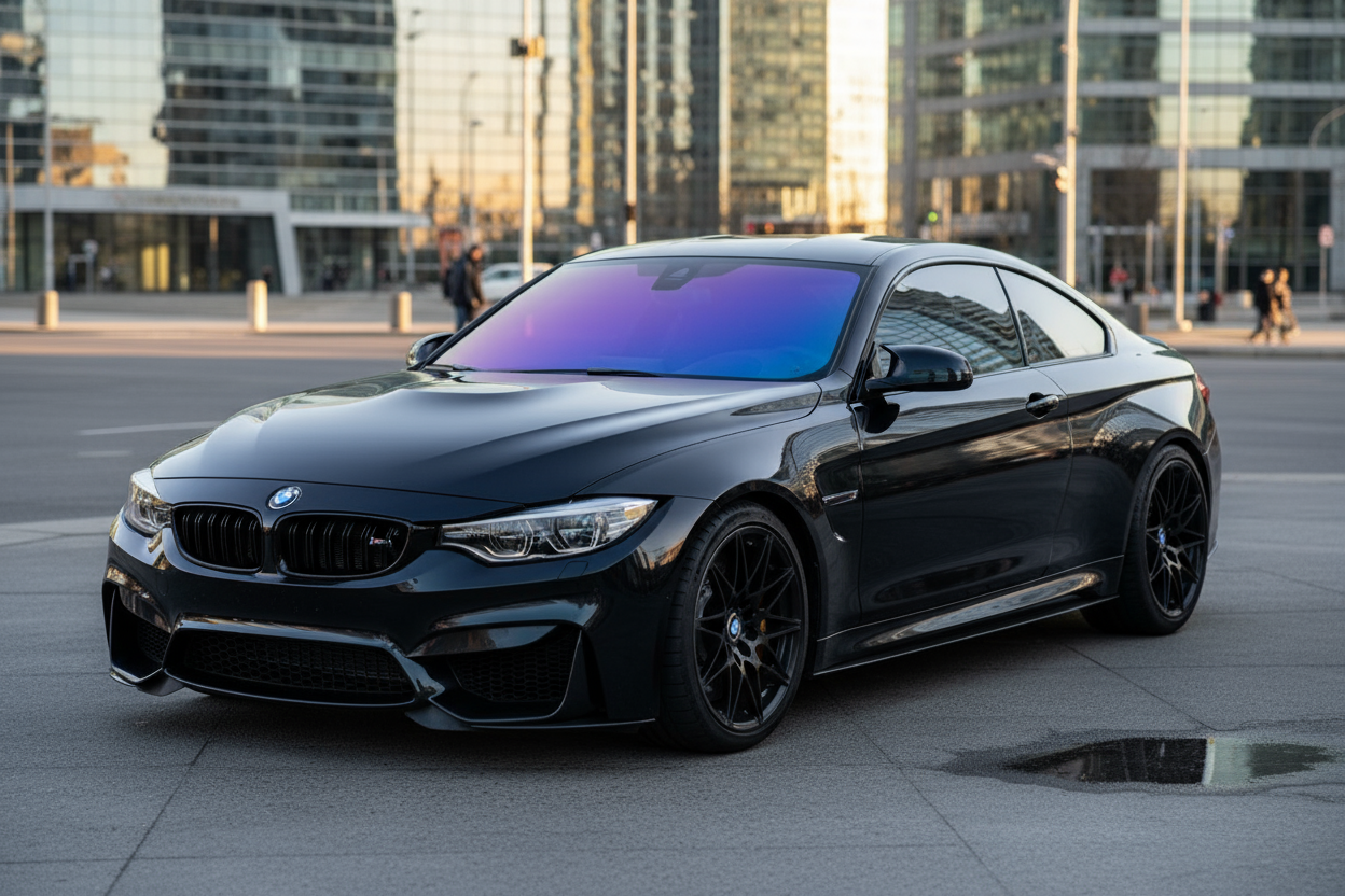 a picture of a bmw m4 with window tint and chameleon tint