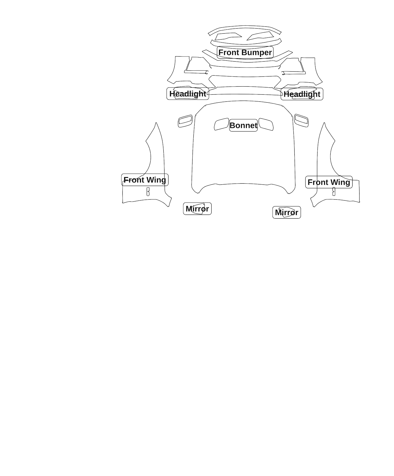 Ford Mustang (Fastback) 2018 — Full Front kit - labelled pieces