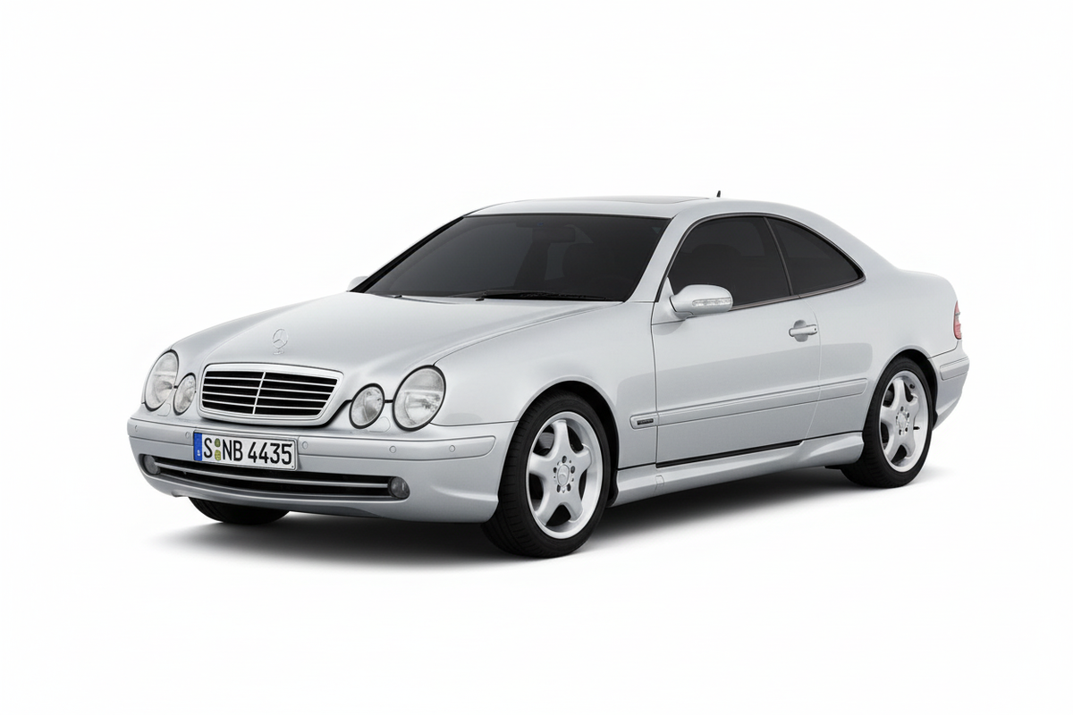 Silver Mercedes-Benz CLK Coupe with tinted windows on white