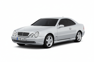 Silver Mercedes-Benz CLK Coupe with tinted windows on white