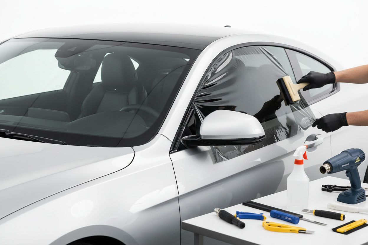 window tinting kit tools being applied on coupe car