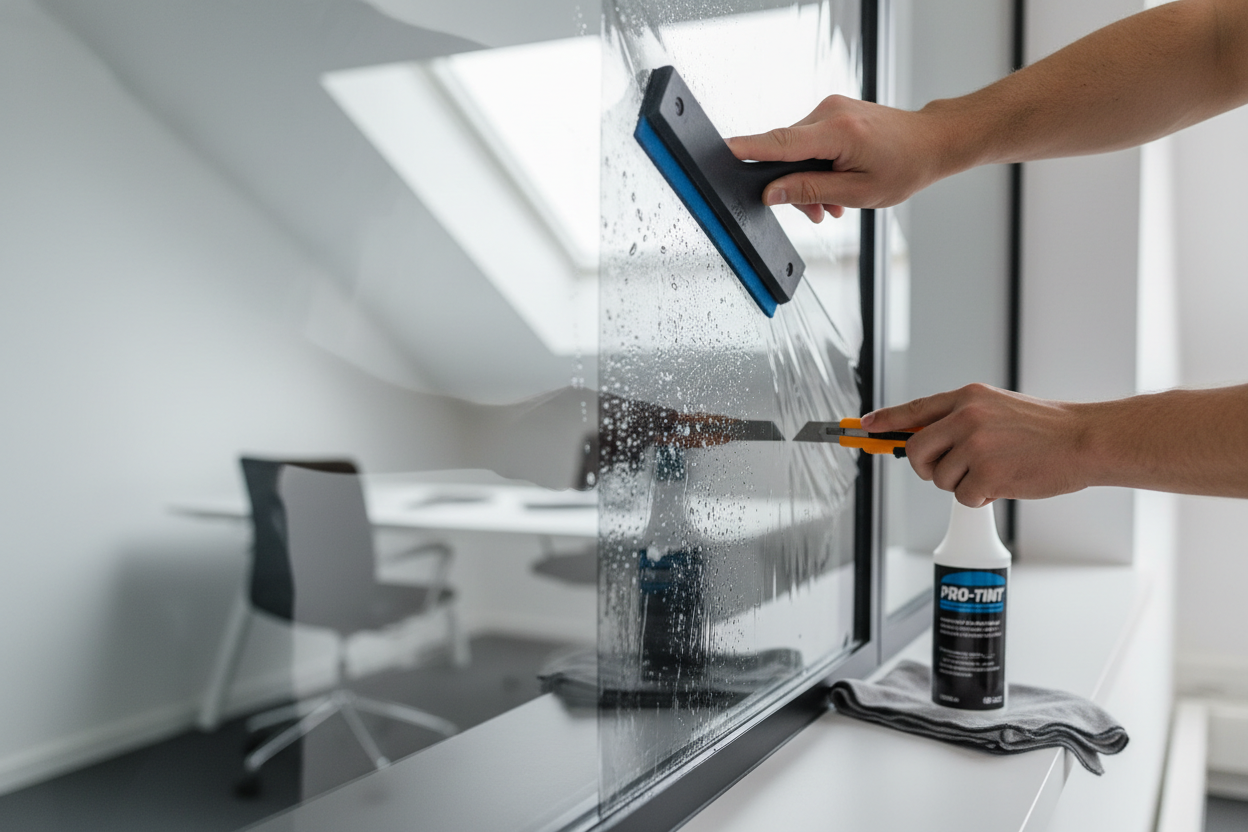 window tinting tools being applied on an office window